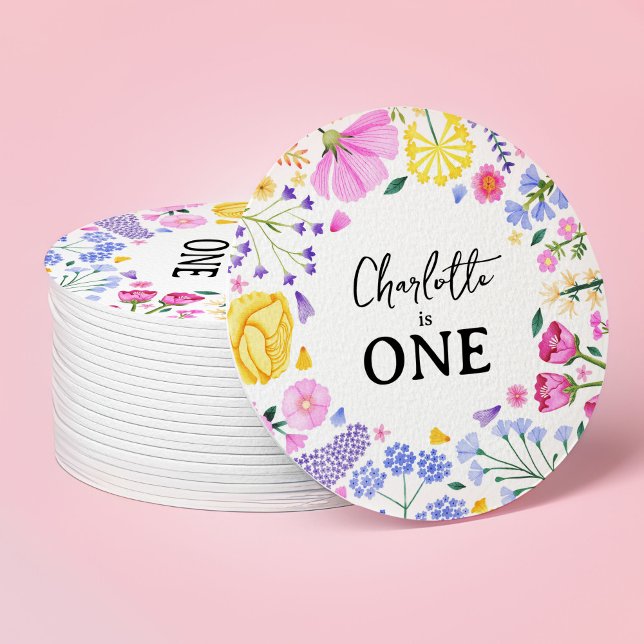 Little Wildflower Girl 1st Birthday Floral Round Paper Coaster (Spring Wildflowers Garden Party Round Paper Coaster)