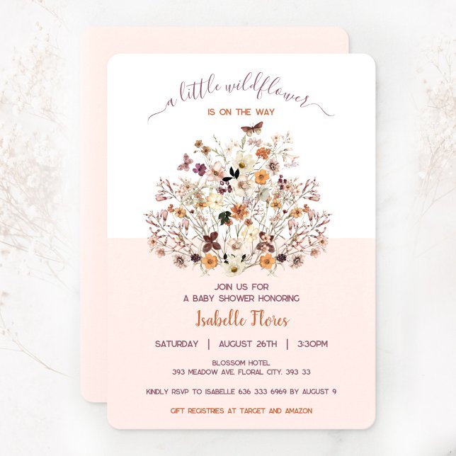 Little Wildflower Girl Pink Baby Shower Invitation (Little wildflower girl baby shower invitation)