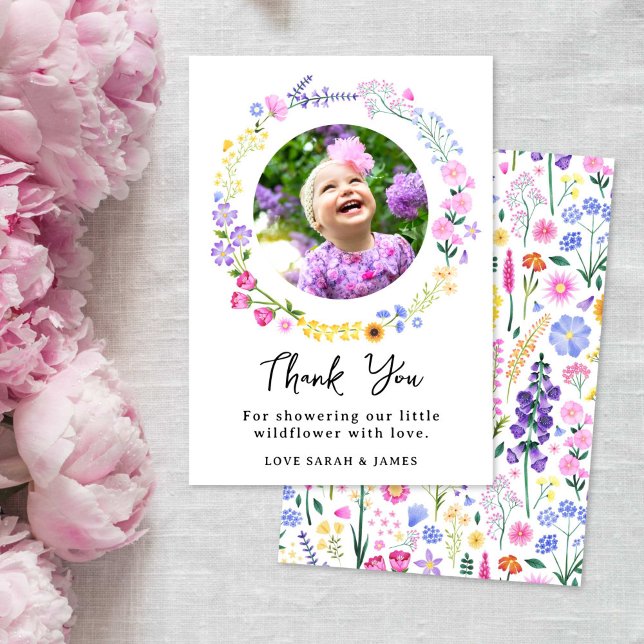 Little Wildflower Girls 1st Birthday Photo Thank You Card (Little Wildflower Girls 1st Birthday Photo Thank You Card)