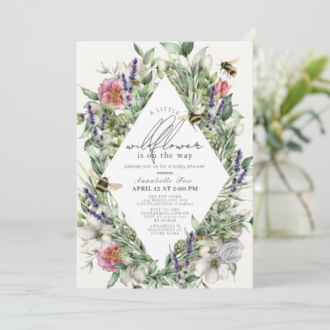 Little Wildflower Greenery Rhombus Baby Shower Invitation (Standing Front)