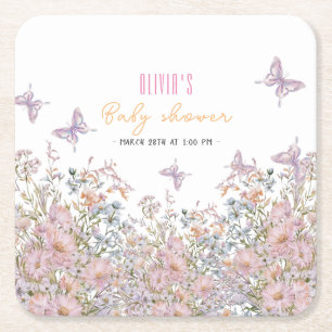 Little wildflower is in bloom baby shower #2 square paper coaster