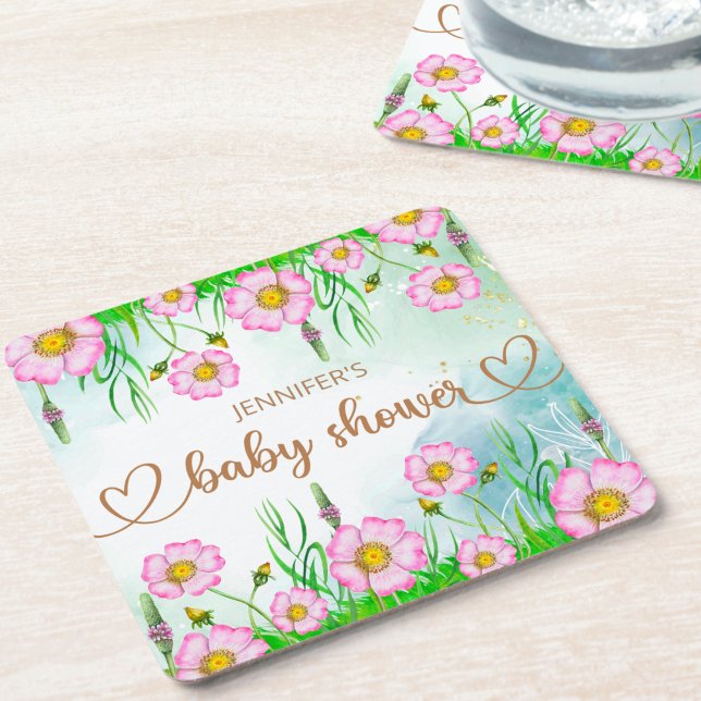 Little Wildflower Is On The Way Baby Shower Square Paper Coaster (Creator Uploaded)