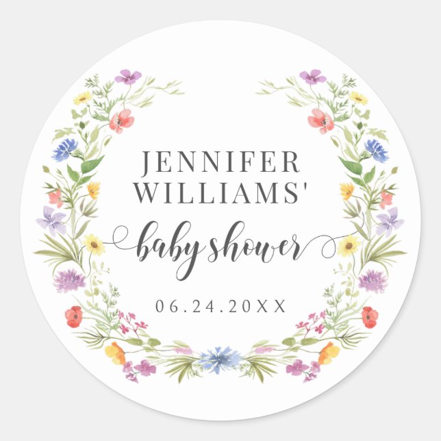Little wildflower meadow floral baby girl shower classic round sticker (Front)