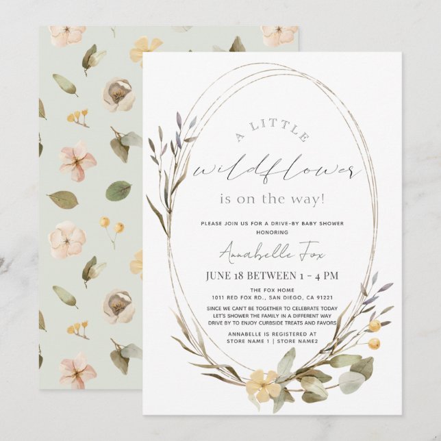 Little Wildflower Oval Girl Drive-by Baby Shower Invitation (Front/Back)