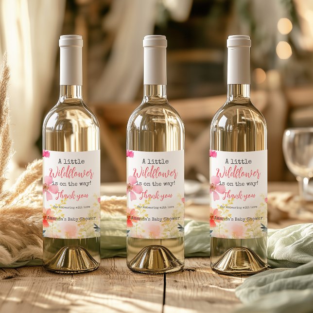 Little Wildflower Peach Flower Floral Baby Shower  Wine Label (Creator Uploaded)