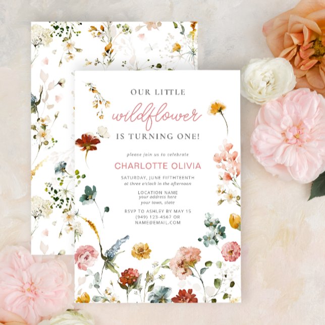 Little Wildflower Pink Baby Girl Birthday Invitation (1st Birthday Invitation)
