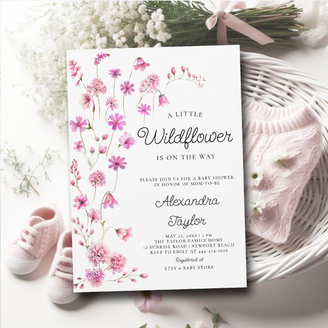 Little Wildflower Pink Whimsical Baby Girl Shower Invitation (little wildflower baby girl shower invitation cottage garden watercolor pink fuchsia boho chic tiny)