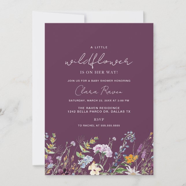Little Wildflower Plum Purple Flower Baby Shower Invitation (Front)