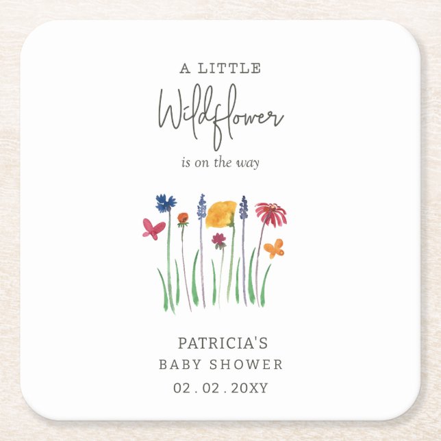 Little Wildflower Pretty Baby Girl Baby Shower Square Paper Coaster (Front)