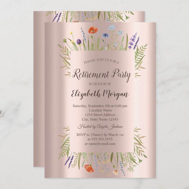 Little Wildflower Rose Gold Retirement   Invitation (Front/Back)
