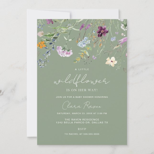 Little Wildflower Sage Floral Baby Shower  Invitation (Front)