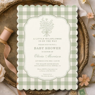 Little Wildflower Sage Green Gingham Baby Shower Invitation