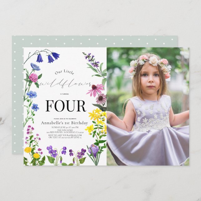Little Wildflower Script Birthday Photo Invitation (Front/Back)