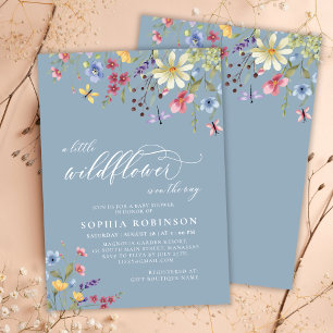 Little Wildflower Script Boho Blue Baby Shower Invitation