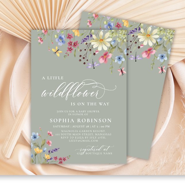 Little Wildflower Script Green Boho Baby Shower Invitation (Creator Uploaded)