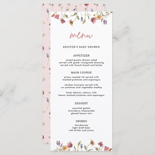 Little Wildflower Spring Girl Baby Shower Menu (Front/Back)