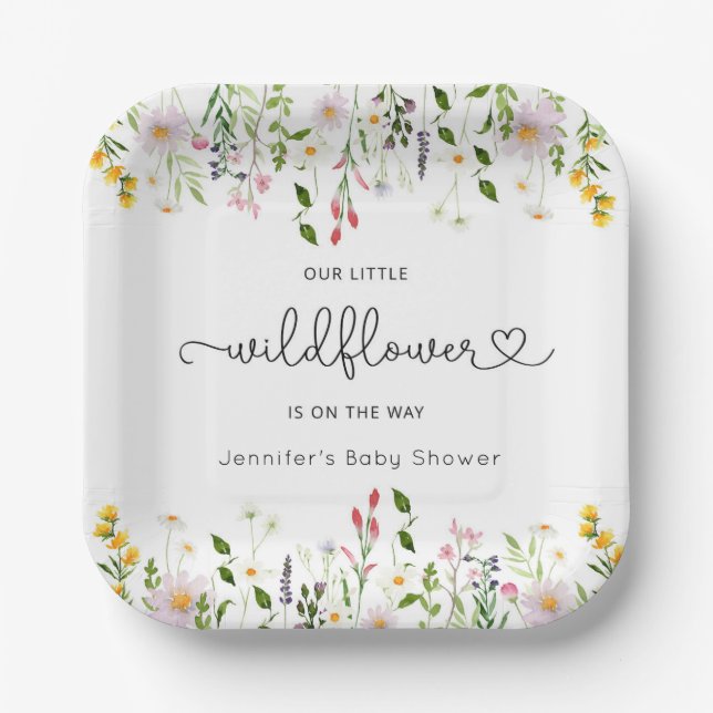 Little wildflowers is on the way baby shower paper plate (Front)