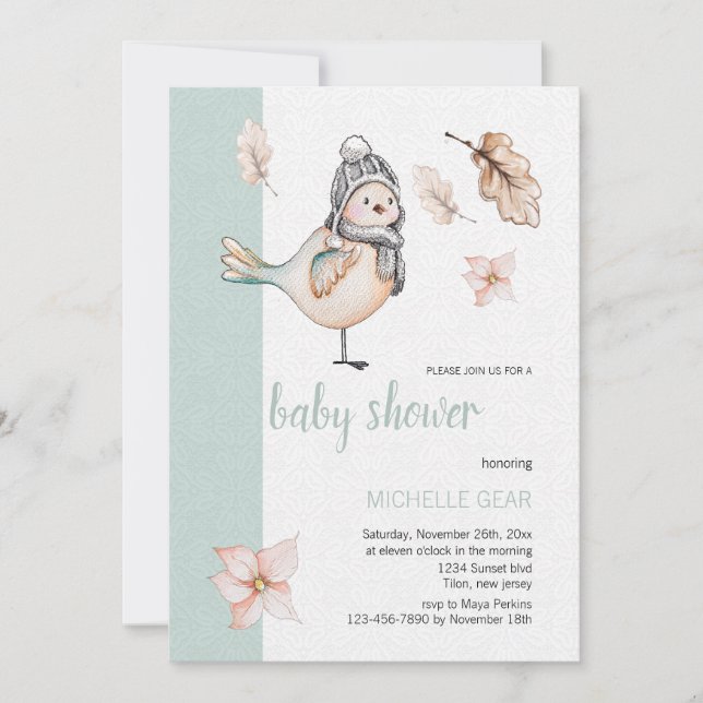 Little Winter Sparrow With Pom-pom Hat Invitation (Front)