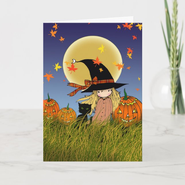 LIttle Witch and Black Cat Halloween Card (Front)
