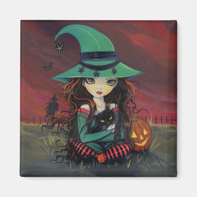 Little Witch and Black Cat Halloween Magnet (Front)