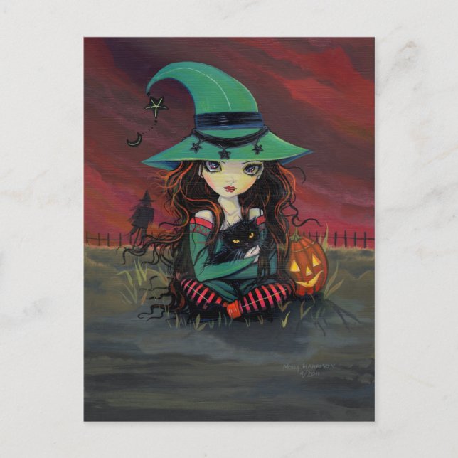 Little Witch and Black Cat Halloween Postcard (Front)