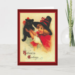 Little Witch and Black Cat Vintage Halloween Card