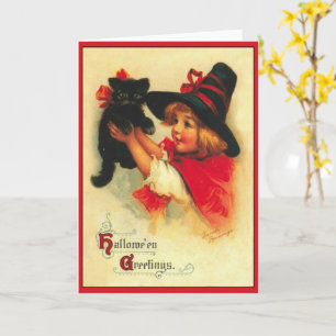 Little Witch and Black Cat Vintage Halloween Card