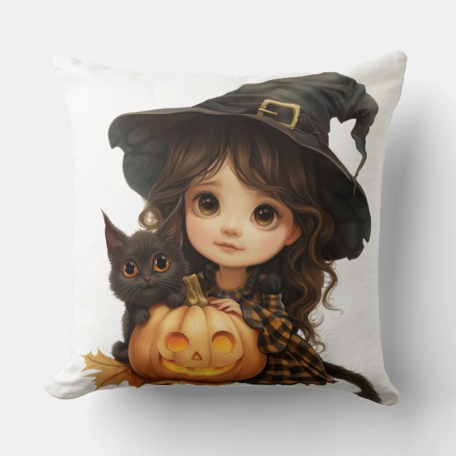 Little Witch and Cat for Kids  Cushion (Front)