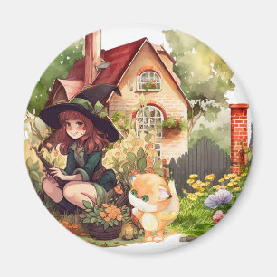 Little Witch And Cute Fox Magnet