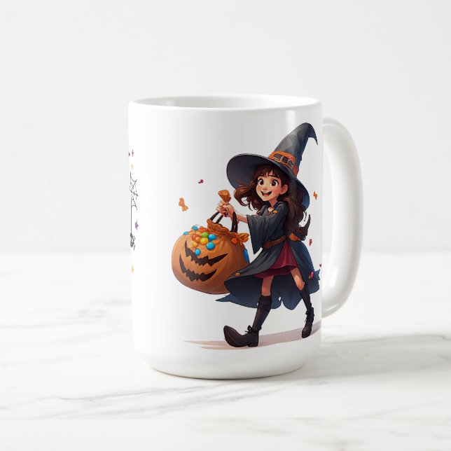 Little Witch Carrying Candy Pumpkin For Halloween  Coffee Mug (Front Right)