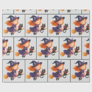 Little Witch Cat Flying Halloween Girl Baby Shower Wrapping Paper