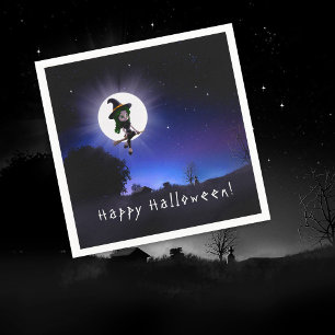 Little Witch Full Moon Night Happy Halloween Party Napkin