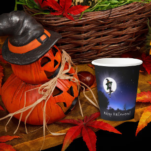 Little Witch Full Moon Night Happy Halloween Party Paper Cups