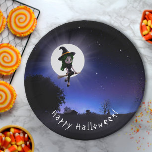 Little Witch Full Moon Night Happy Halloween Party Paper Plate
