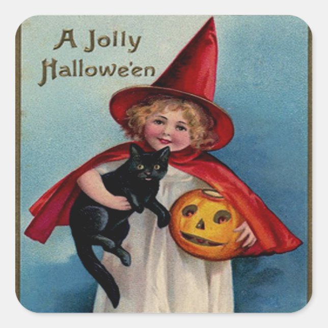 Little Witch Girl With Her Black Cat Square Sticker (Front)