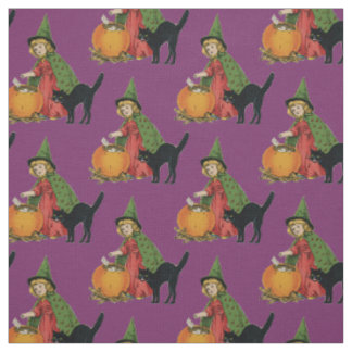 Little Witch Her Black Cat and Pumpkin - Purple Fabric