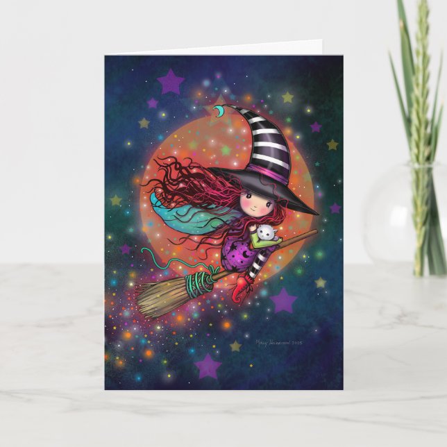 Little Witch on Broom with Her Cat Card (Front)