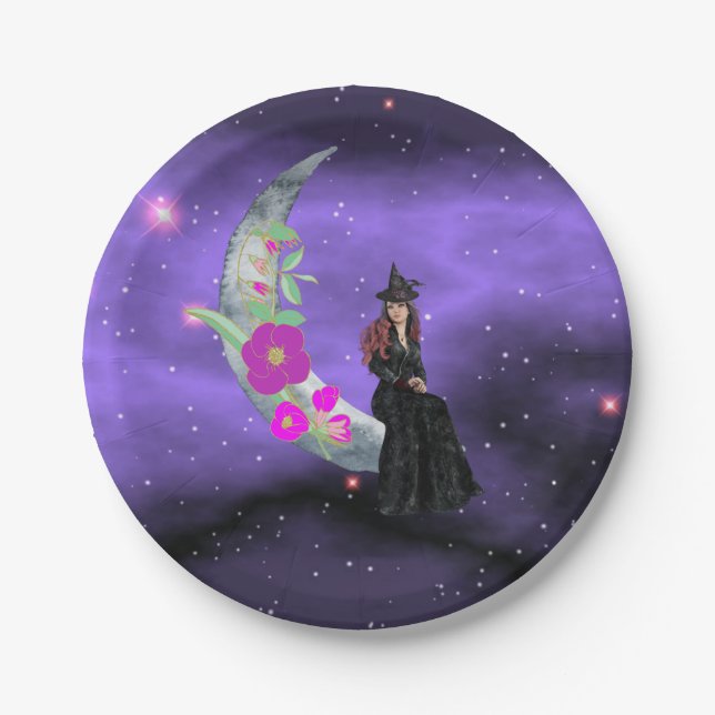 Little Witch on Crescent Moon with Flowers Paper Plate (Front)