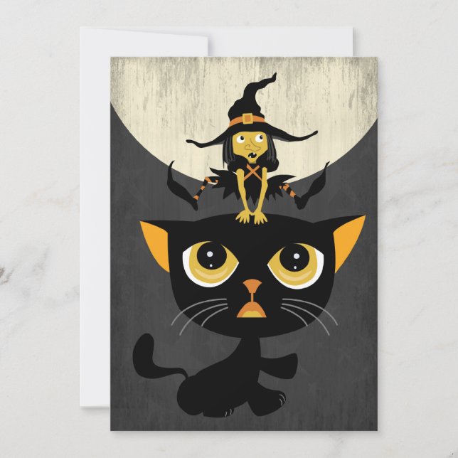 Little Witch Playing Leap Frog with Black Cat Invitation (Front)