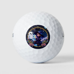 Little witch with big, sparkling eyes. golf balls