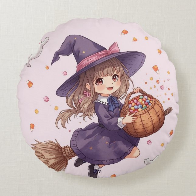 Little Witch with Candy Round Pillow (Front)