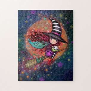 Little Witch with Cat Halloween Art Jigsaw Puzzle
