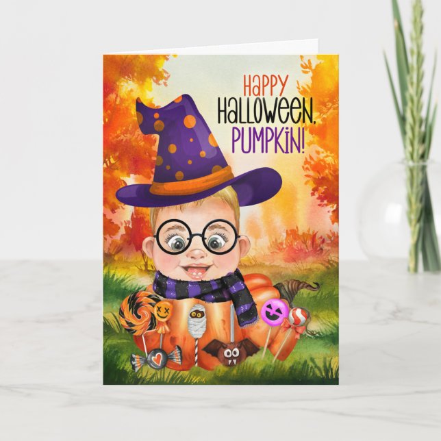 Little Wizard Boy in a Pumpkin Halloween Holiday Card (Front)