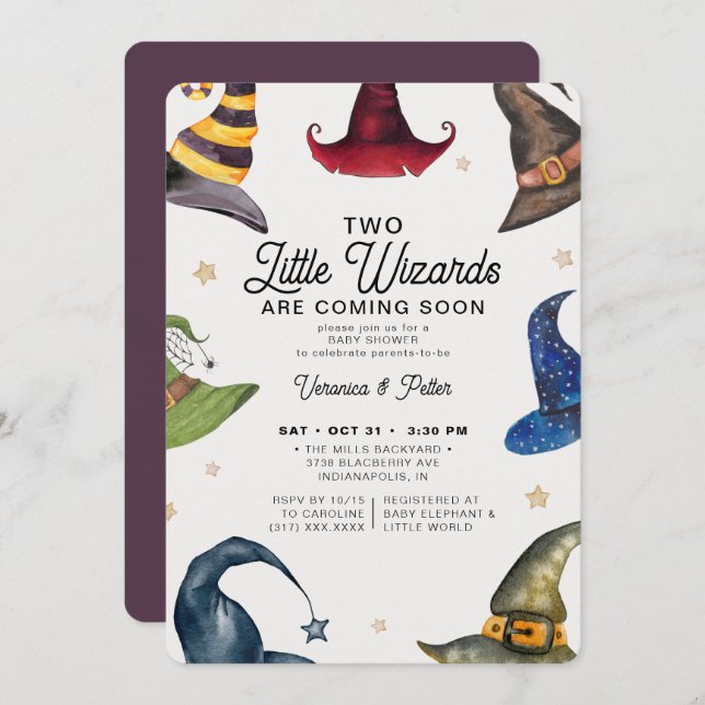 Little Wizards Twin Boys Halloween Baby Shower Invitation (Front/Back)