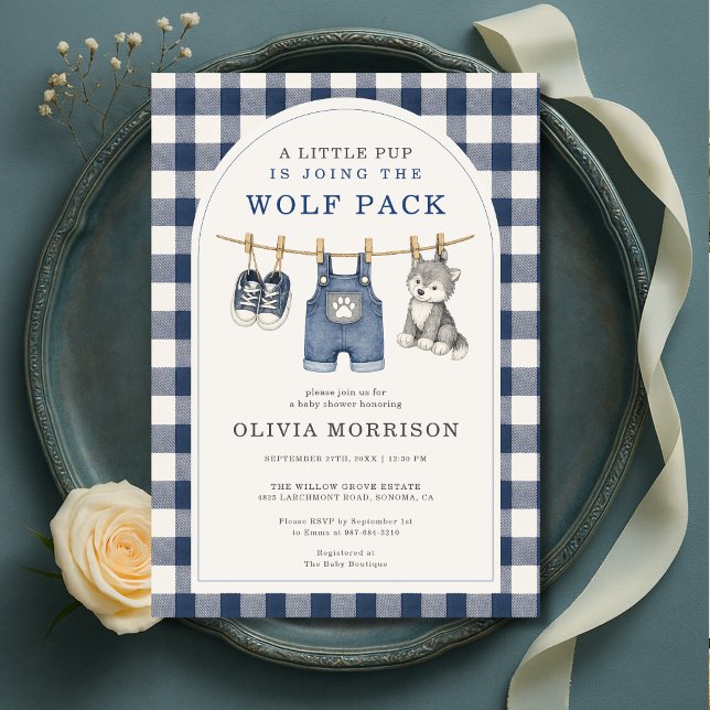 Little Wolf Gingham Clothesline Baby Shower Invitation (Creator Uploaded)