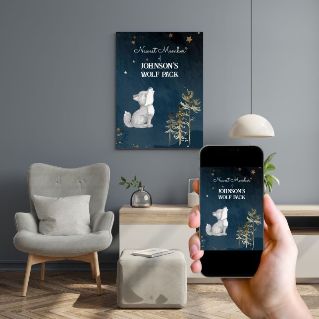 Little wolf themed baby nursery decor (Little wolf themed baby nursery decor personalized poster with a cute howling wolf cub starry night)