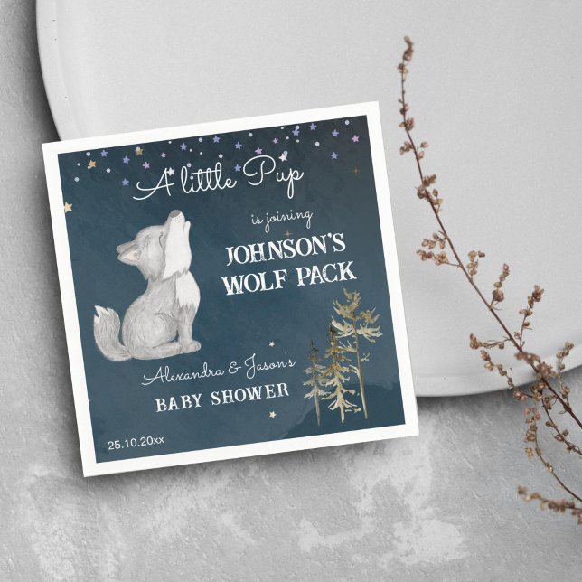 Little wolf themed baby shower tableware napkin (Little wolf themed baby shower tableware personalized napkins cute wolf cub howling starry night)