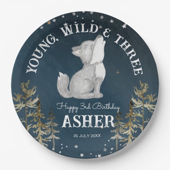 Little wolf themed birthday party monogrammed paper plate (Front)