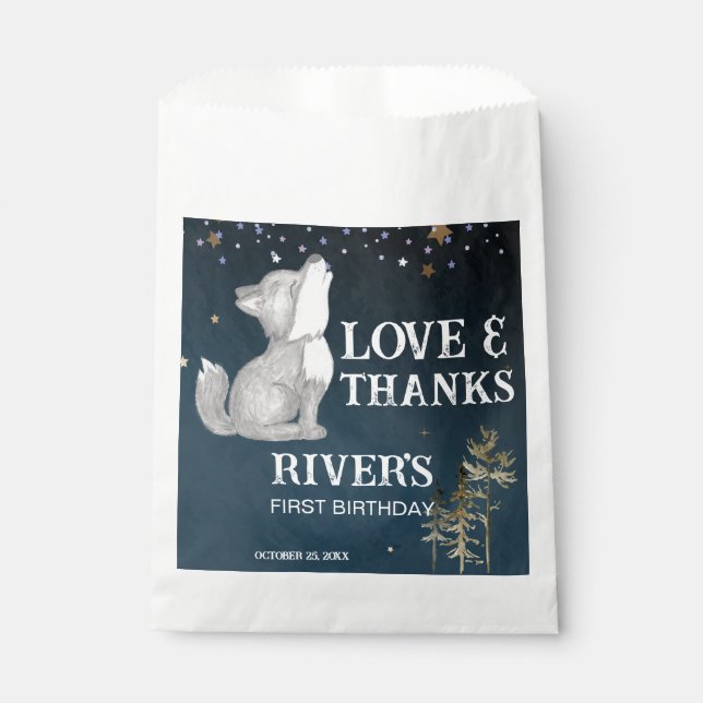 Little wolf themed birthday party wild one favour bags (Front)