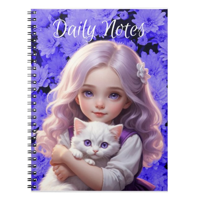 LittleGirl White Kitten Purple Flowers Notebook (Front)